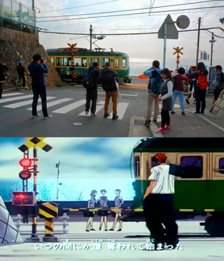 The famous Kamakura crossing from Slam Dunk full of anime tourists (above) and the famous scene from the Anime’s opening (bottom). Sadly, I totally forgot to visit the location when I was in Kamakura. *baka!* source: http://www.yumeki.org/wp-content/uploads/2015/01/aslamdunk52.jpg